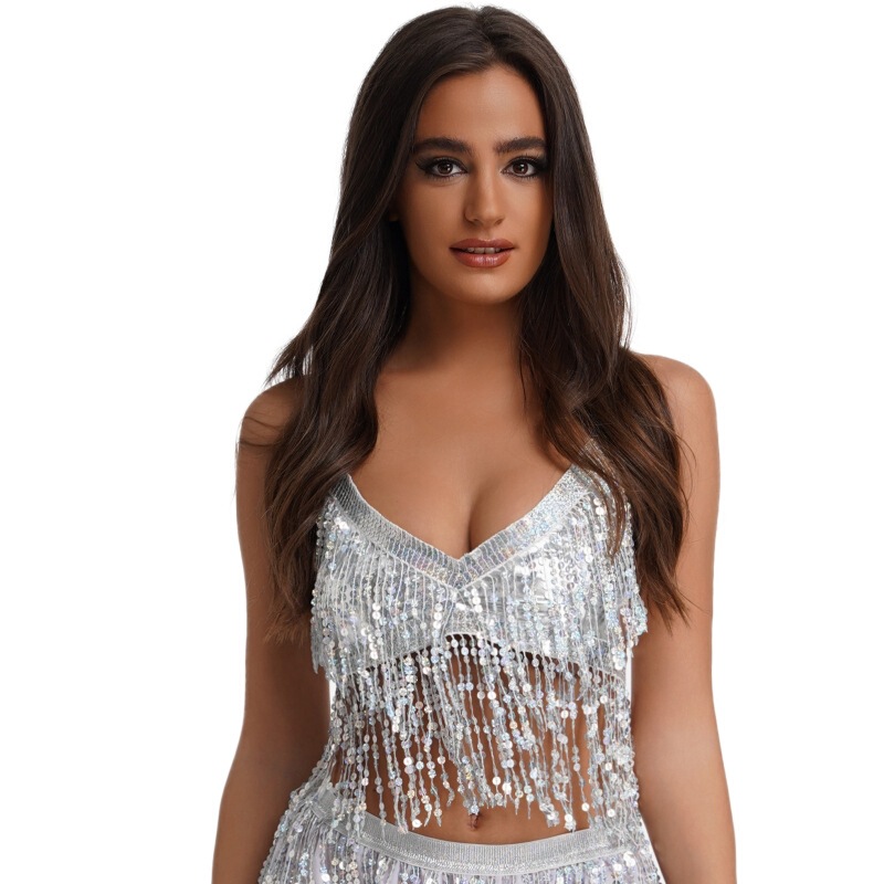 Halloween European and American sequined performance top belly dance tassel top nightclub stage strap party bra