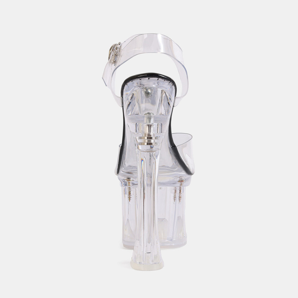 Sandal nữ gót thô siêu cao hở mũi đế trong suốt chống thấm, quai ngang khóa cài — Màu bạc, Màu hồng, Màu trắng, Màu tím chi tiết 4