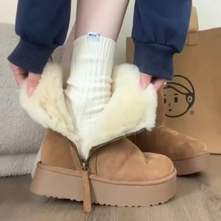 Northeast fleece-lined Thickened Cotton Boots 2024 New Warm Fur One Short Tube Thick Bottom Snow Boots Women's Side Zipper