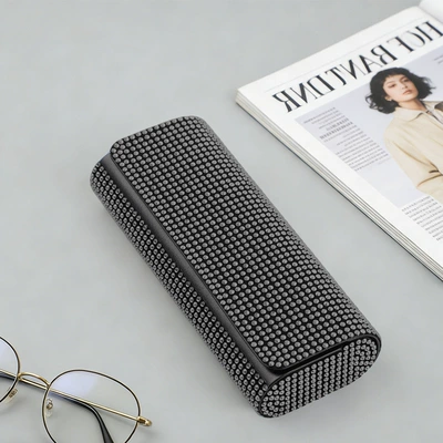 Feel, Portable Anti-Pressure Sunglasses Case, Sun visor rearview mirror - rhinestone-double-oval-eyeglass-case-black-rhinestone