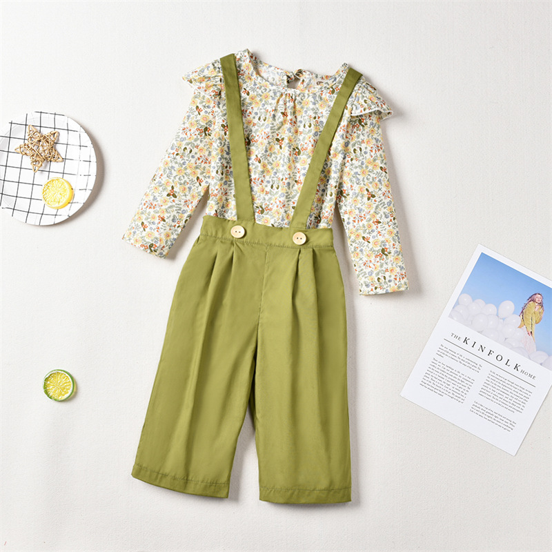 Pastoral Style Floral Long-sleeved Blouse Girls Green Suspenders Trousers display picture 17