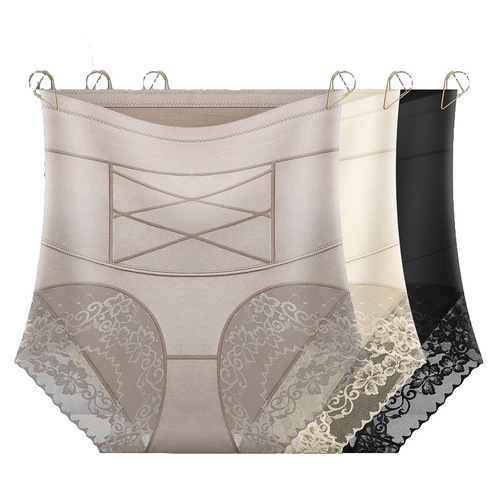 Cross-border import and export best-selling high-waisted cross-gathered shaping underwear breathable shaping waistband non-squeezing lace lifting pants