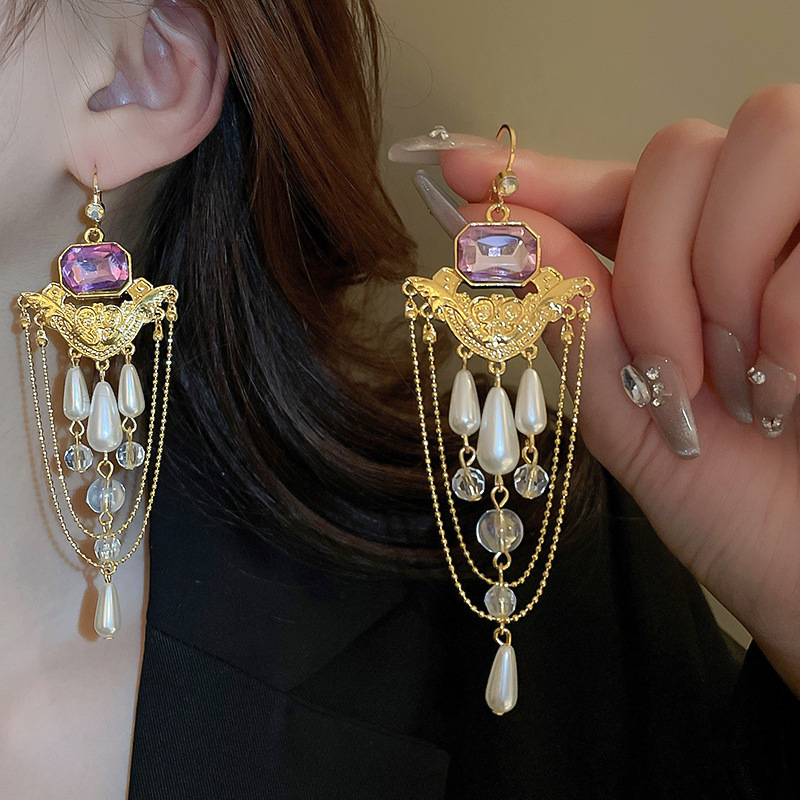 35#귀걸이 - 골드 - 퍼플 크리스탈 태슬