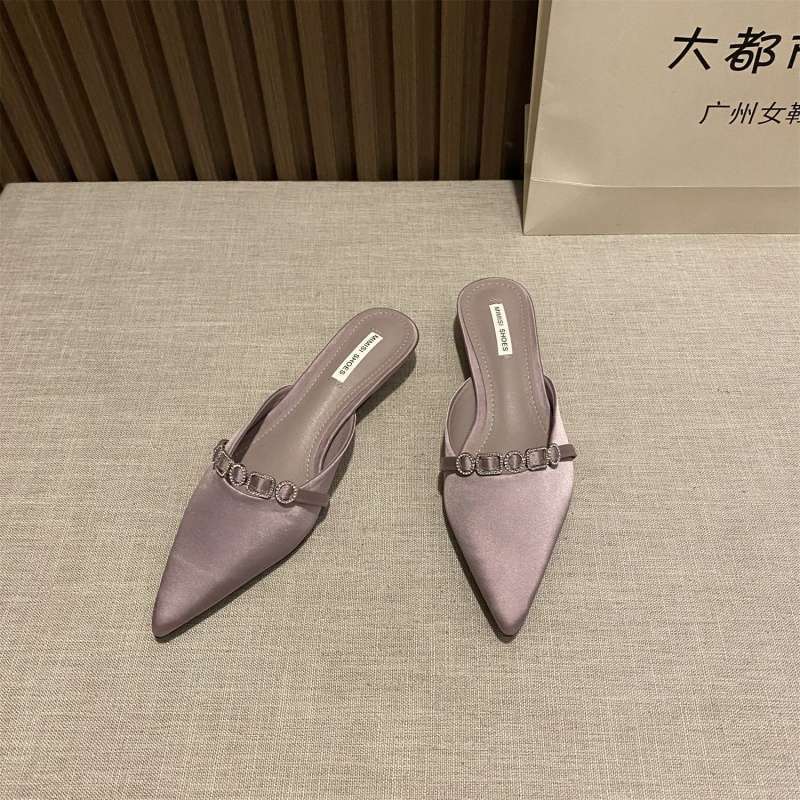 elingstudio 紫いサテンのポインテッドトゥミュールシューズ女性用 2025 春夏ローヒールラインストーンハーフスリッパ|undefined