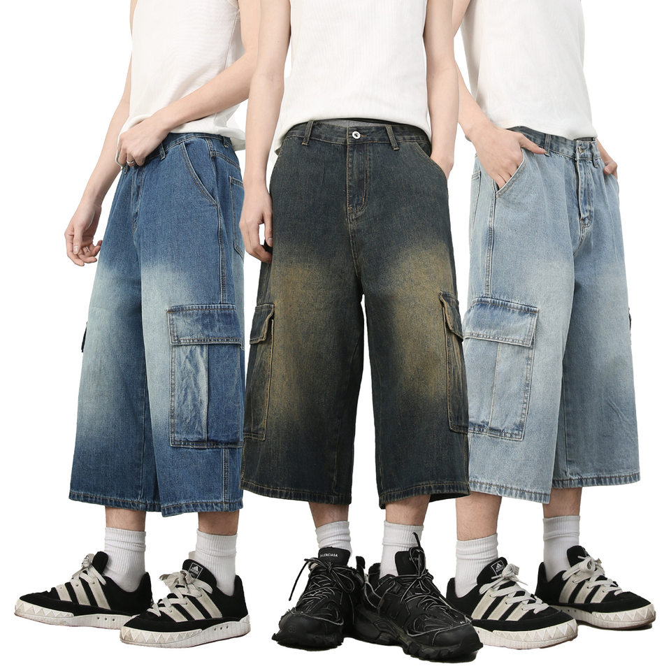 Quần short jean nam ống rộng nhiều túi phong cách hip-hop đường phố, quần lửng mùa hè — Màu xanh lam, Xanh lam làm cũ, Xanh lam nhạt