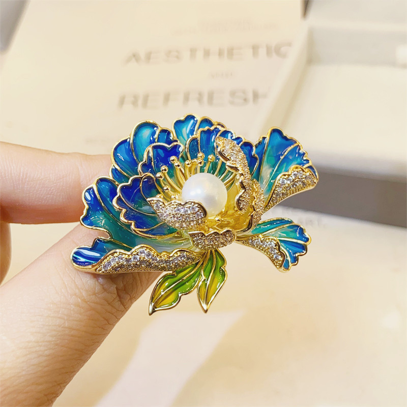 Classical Enamel Peony Flower Brooch Natural Freshwater Pearl Exquisite High-grade Chinese Style Cheongsam Hanfu Accessories Pin