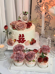 Bakery wholesale Chinese wedding dessert table cake decoration red double happiness insert plaque engagement marriage rose paper cups