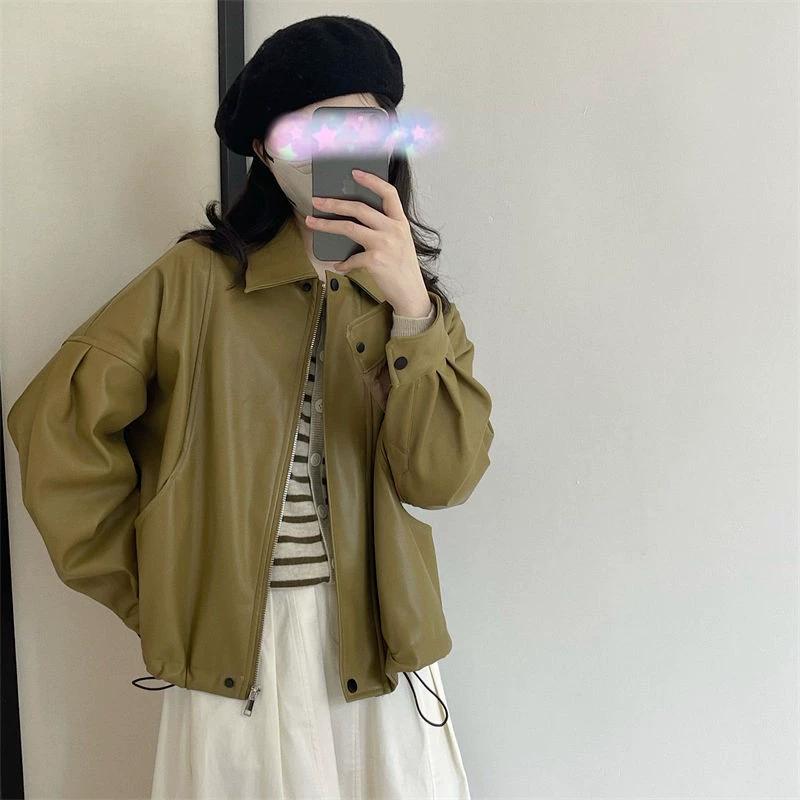Spring Japanese retro polyurethane jacket, long-sleeve