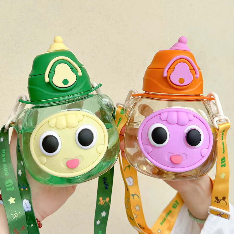 Botella de agua infantil con pajilla, diseño ojos grandes, plástico deportivo image 4