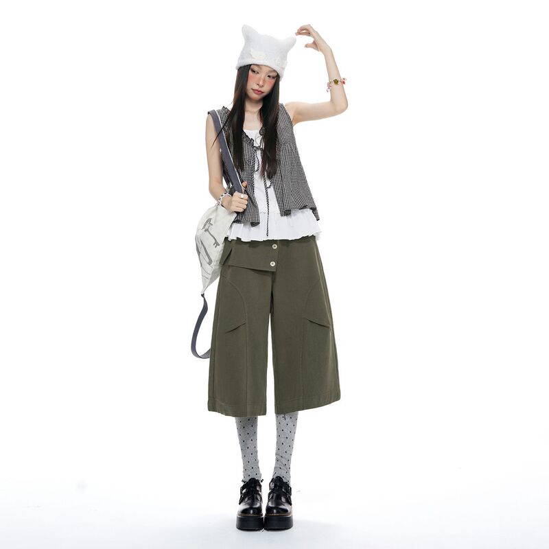 2026 Summer New Korean Style Asymmetrical Layered Workwear Mid-Length Shorts for Women, Loose Fit, All-Cotton Wide-Leg Seven-Point Shorts