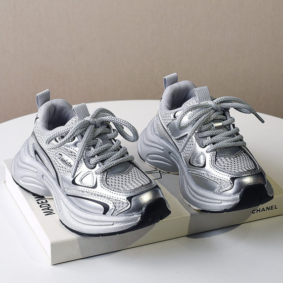 Girls' Torre Shoes 2025 Spring and Autumn New Breathable Mesh Boys' sneaker silver Lightweight Children's Running Shoes