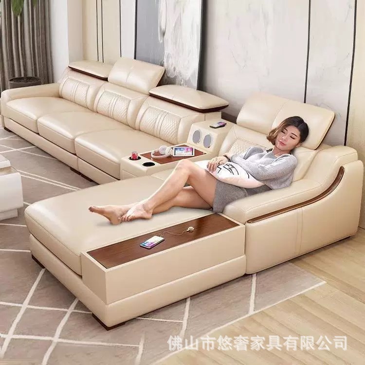 Sofá de cuero de vaca de primer piso, sala de estar, combinación de sofá de cuero italiano simple y moderno para el hogar.