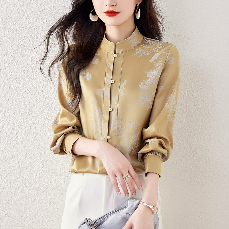 实拍竹与鸟”白色新中式国风桑蚕丝上衣女  立领真丝衬衫衬衣