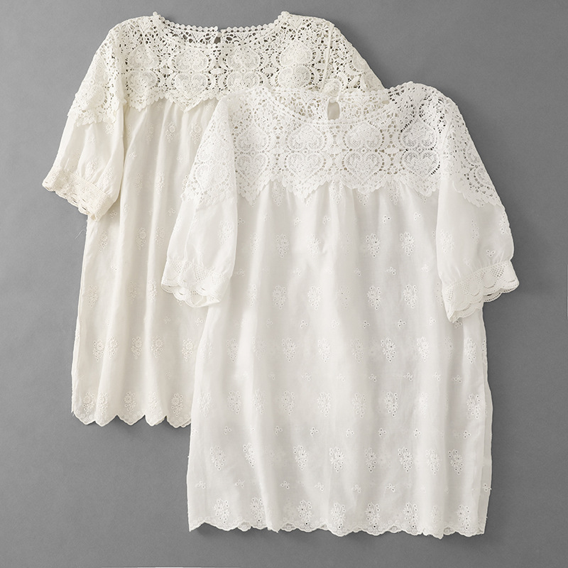 2026 Summer New Lace All-Cotton Short-Sleeve Shirt for Women, Elegant and Youthful, Korean Style, High-End Loose Mid-Sleeve Top 2026 Summer New Lace All-Cotton Short-Sleeve Shirt for Women, Elegant and Youthful, Korean Style, High-End Loose Mid-Sleeve Top