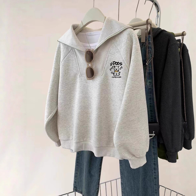 Gray Cartoon Puppy Navy Lapel Half-Zip Sweatshirt for Women, Spring and Autumn Korean Style Lazy Design Long-Sleeve Top