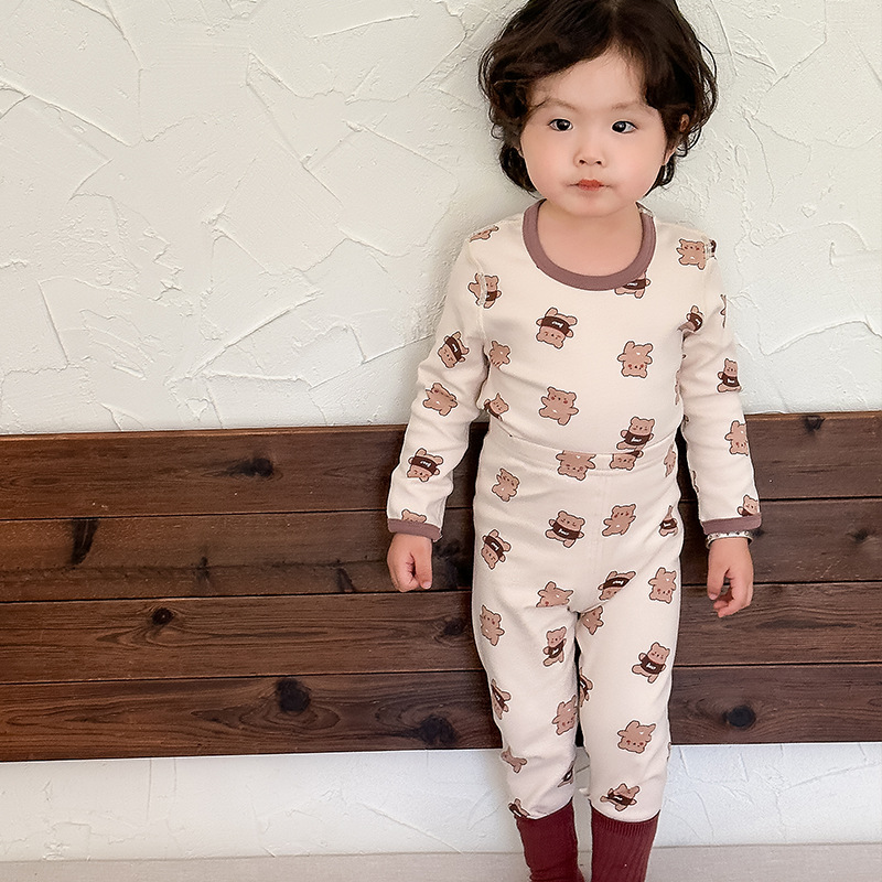 Ropa de otoño del bebé pantalones largos traje algodón los niños invierno cepillado estilo Coreano ropa interior térmica lana estante sin hueso Pijamas