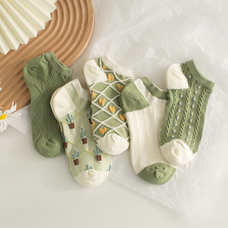 春夏新款船袜 女 绿色仙人草图案女袜 小清新短袜子薄隐形袜|ms