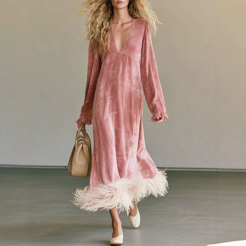New European and American cross-border style pink velvet V-neck dress for women, featuring a fluffy hem and a sophisticated, elegant design New European and American cross-border style pink velvet V-neck dress for women, featuring a fluffy hem and a sophisticated, elegant design