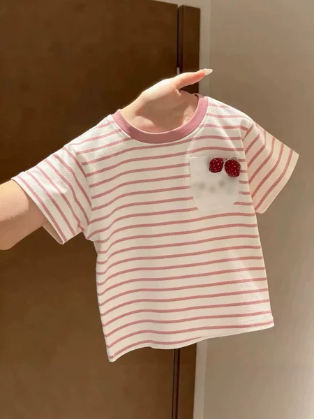 Children's Summer Cute Cartoon Short-Sleeved 2026 New Cartoon Printed Tops for Girls, Stylish Striped Round-Neck Shirts