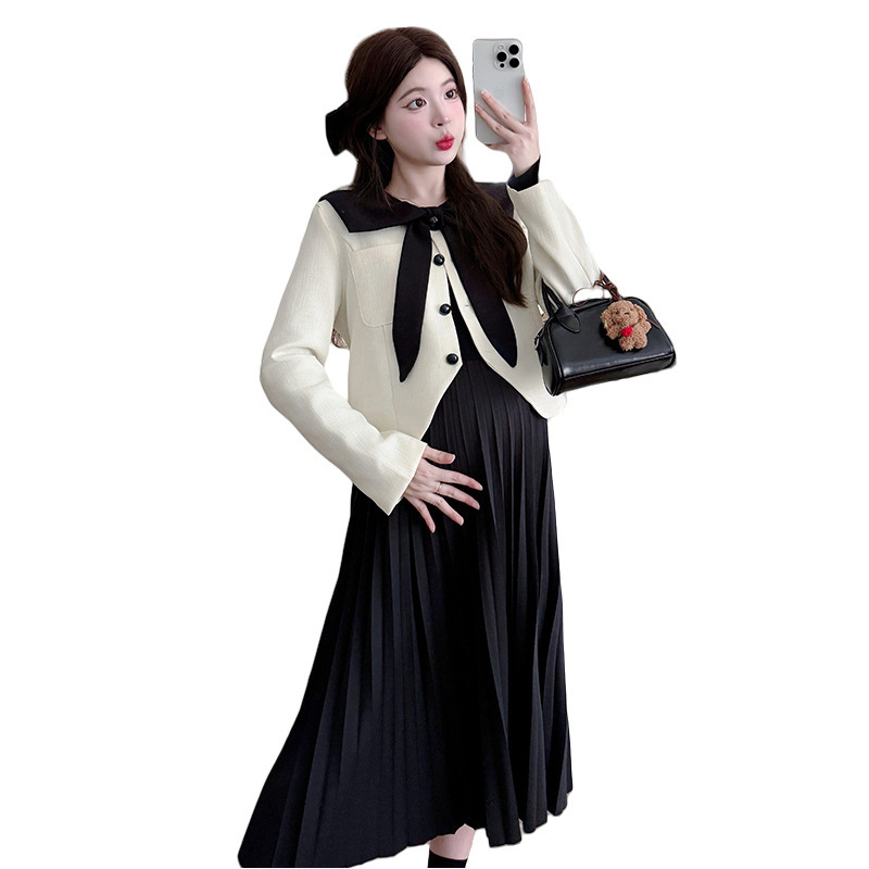 임산부복 2024년 봄 가을 드레스 임산부복 프랑스 기질 네이비 칼라 투피스 슈트 아우터웨어 서양식 스커트