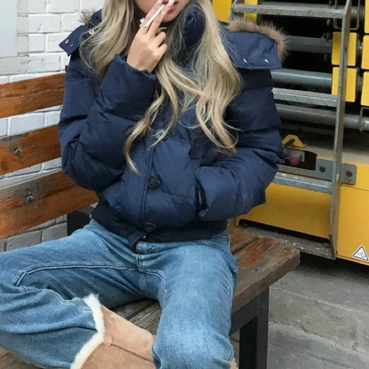 겨울 빈티지 네이비 후드 모피 칼라 코튼 패딩 코트 여성의 새로운 짧은 두꺼운 디자인 따뜻한 빵 세트