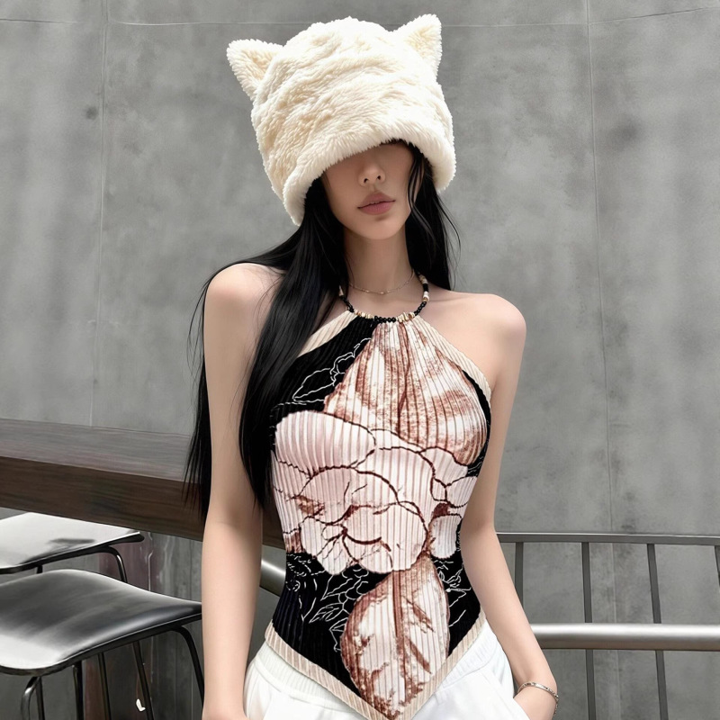 High-End Style Outfit with Printed Mother-Of-Pearl Beaded Halter Neck Silk Scarf Vest, 2026 Spring New Model, Unique and Stylish Top for Trendy Girls