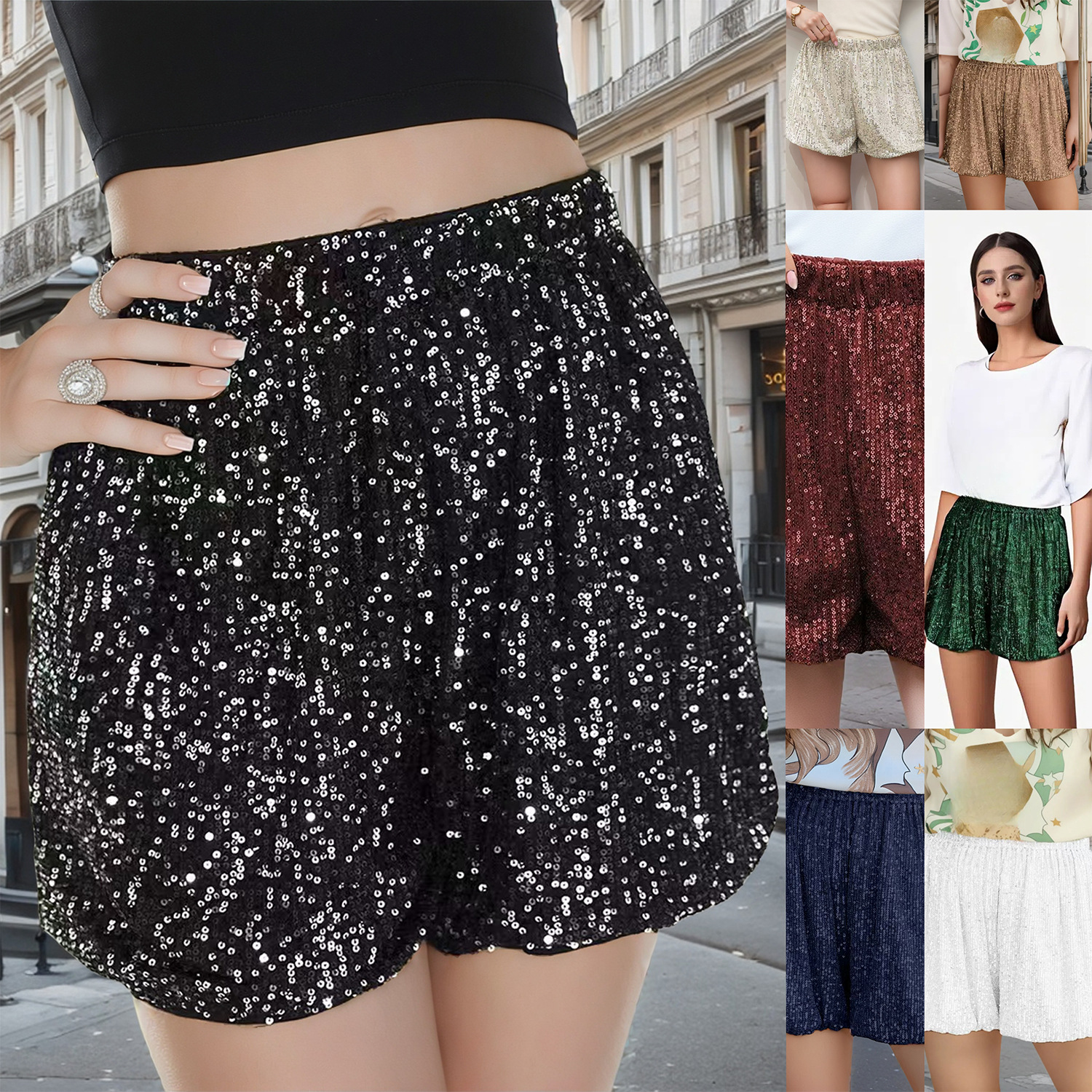 European and American Cross-Border New Sexy Trend Straight High Waist Solid Color Casual Sequined Three-Point Library Women's Shorts Pants for Women