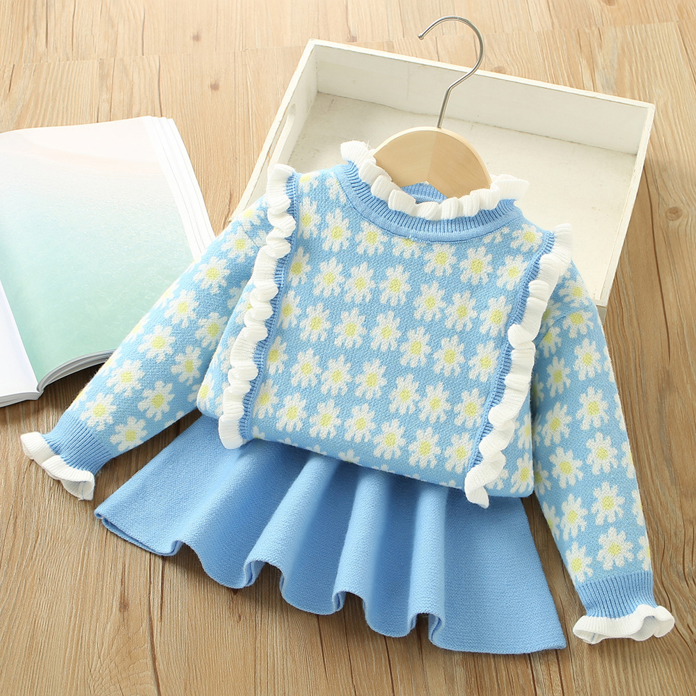 Girls' Sweater Set 2023 Autumn/Winter New Western Korean Edition Women's Treasure Flower Ear Edge Long sleeved_voghion.com