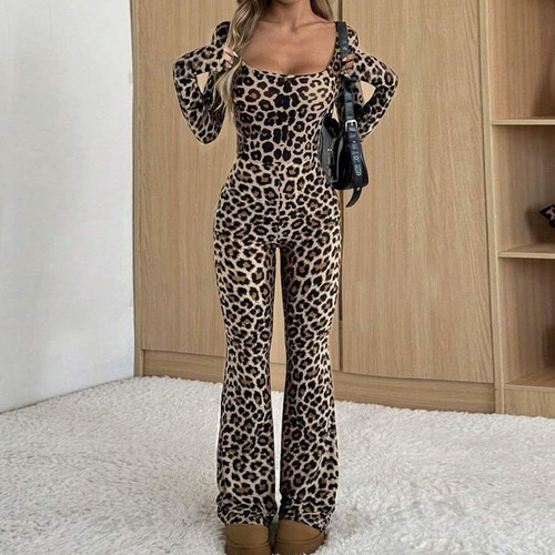 60015 Foreign Trade Cross-border Special Offer 2025 New Products Trendy Slim Hip-Close Square Collar Leopard Print Print European and American Jumpsuits