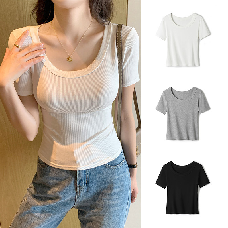 H521 Short-sleeved T-shirt Women's Spring and Summer Simple Solid Color Outer Wear All-match Slim-fit Comfortable Breathable Bottoming Top Trendy Explosions