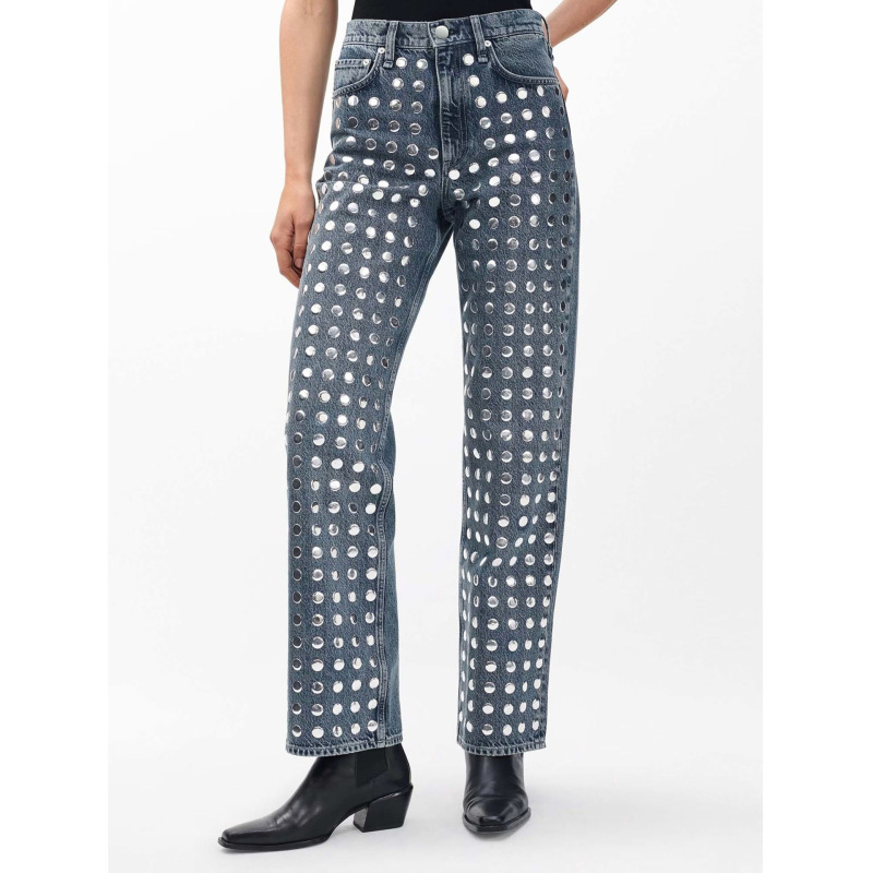 Cross-Border European and American Style Denim Straight-Leg Pants, Fully Adorned with Silver Sequins, Washed, Loose Fit, Thin Summer Style Cross-Border European and American Style Denim Straight-Leg Pants, Fully Adorned with Silver Sequins, Washed, Loose Fit, Thin Summer Style