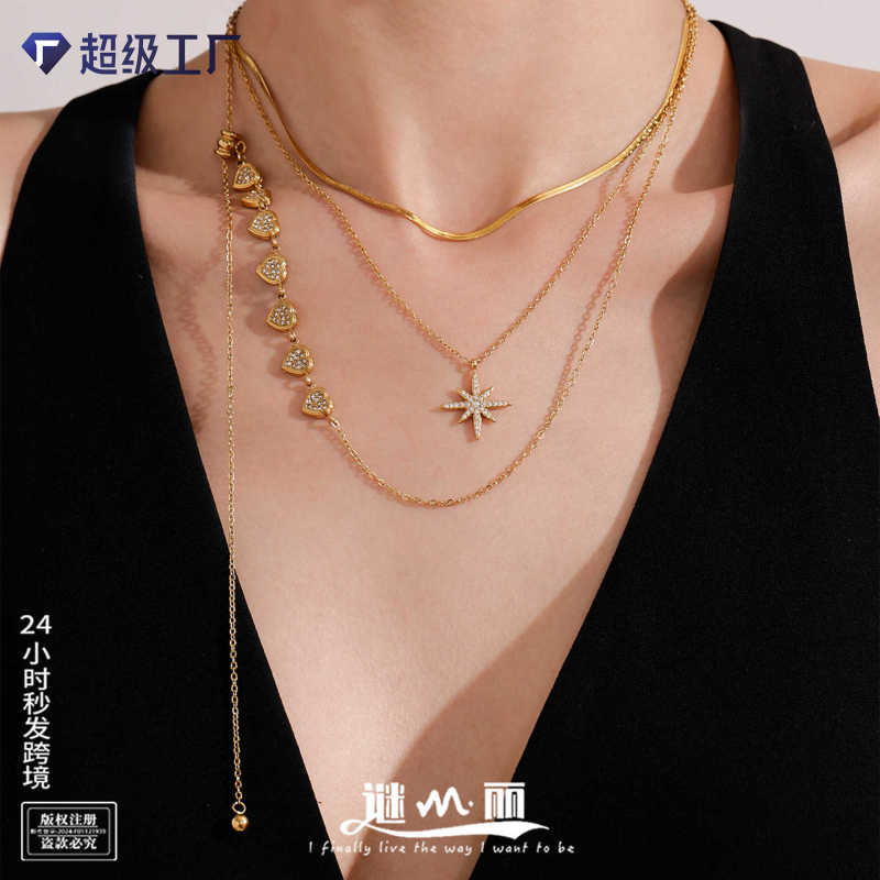 谜丽流苏满钻爱心锆石抽拉锁骨项链欧美风时尚八芒星吊坠百搭首饰|undefined