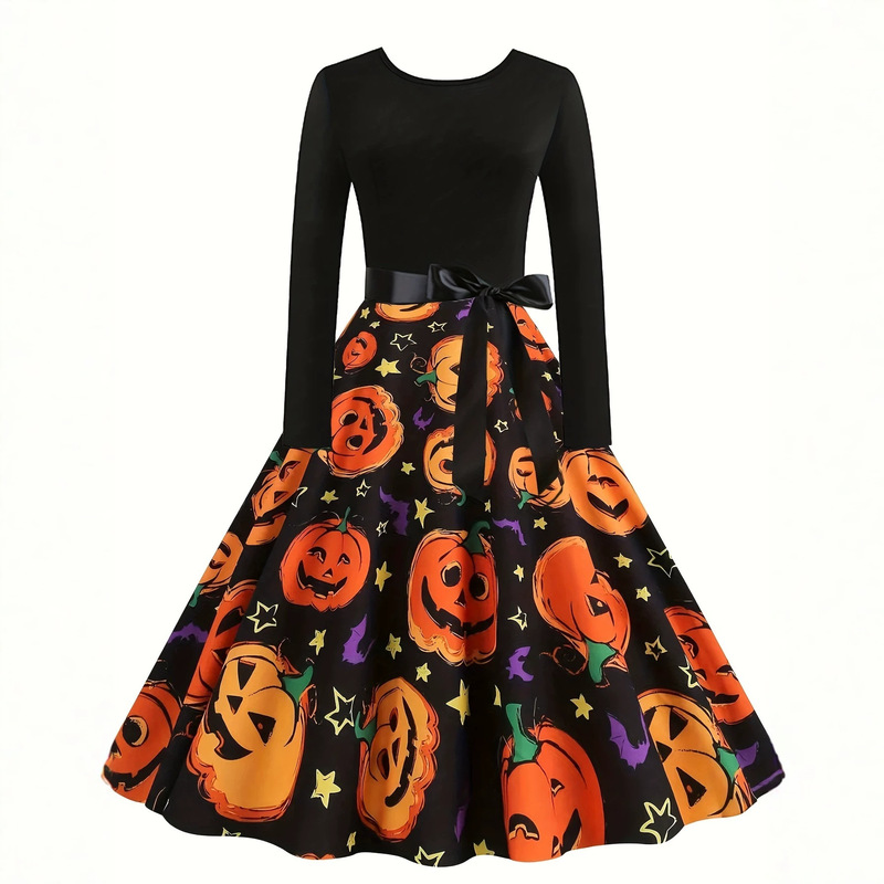 Cross-border European and American holiday dress, Halloween pumpkin plant print, tie-waist, long skirt with a large hem, direct from the factory