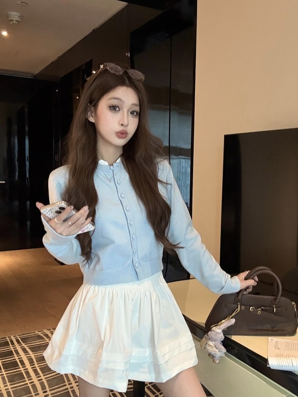 2025新款甜美风套装单排扣长袖针织衫女秋季高腰垂感半身裙两件套|undefined