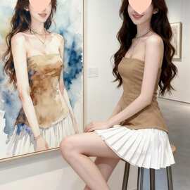 夏季新款韩系氛围感女神小个子一整套穿搭假两件抹胸裙连衣裙女装