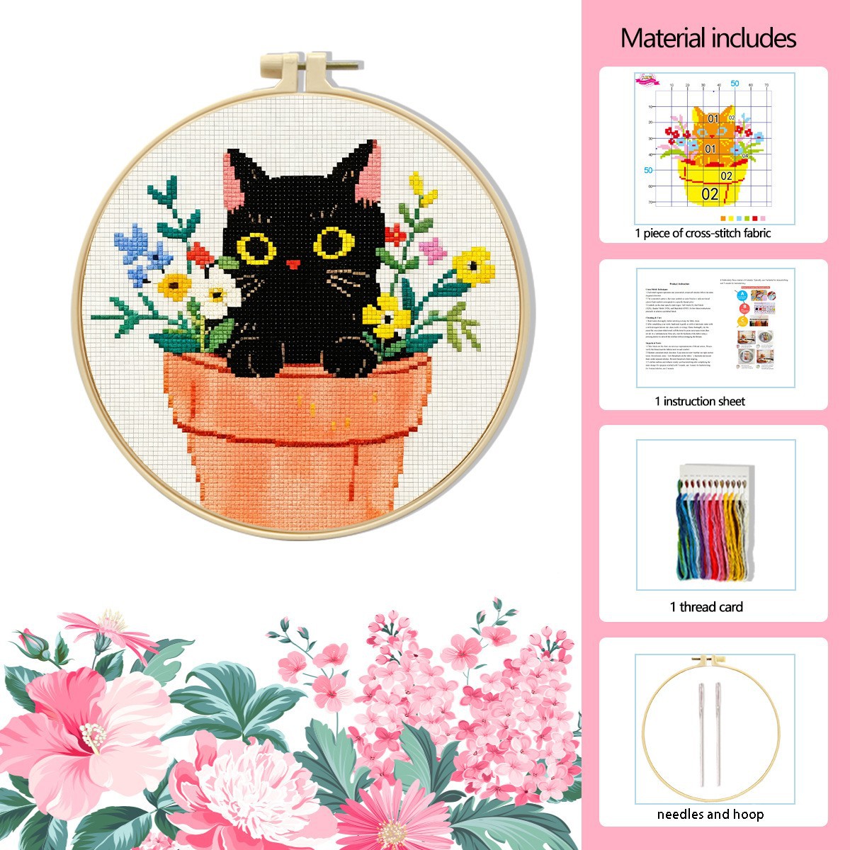 Fábrica directa de bordado cruzado transfronterizo Amazon tres pequeños gatos negros pequeños kits de bordado simple DIY