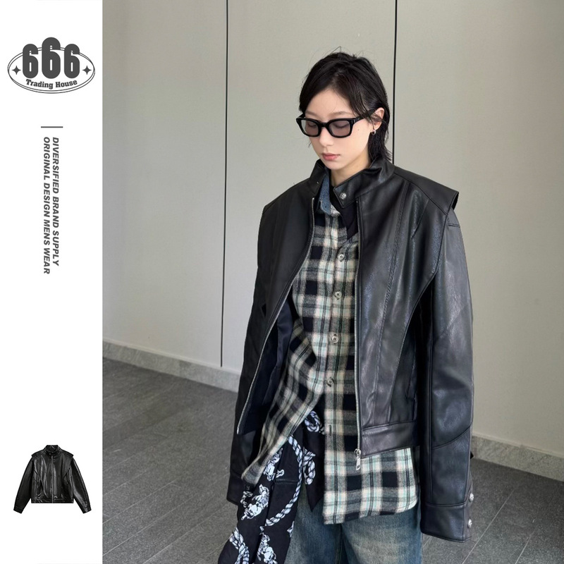 YUU设计感pu皮男装外套时尚宽松皮衣潮牌翻领痞帅男女皮夹克W329|undefined