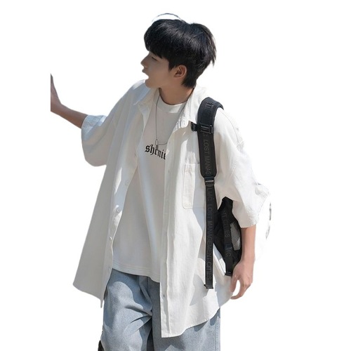 Men's Loose Trendy Korean Style Summer White Short Sleeve Shirt Work Collar Blouse Casual Outerwear