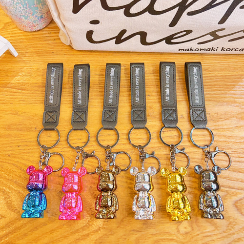 Charming Electroplated Colorful Ribbon Bear Keychain Ornament Cartoon Schoolbag Hook Decor Figure Acrylic Small Gift Wholesale