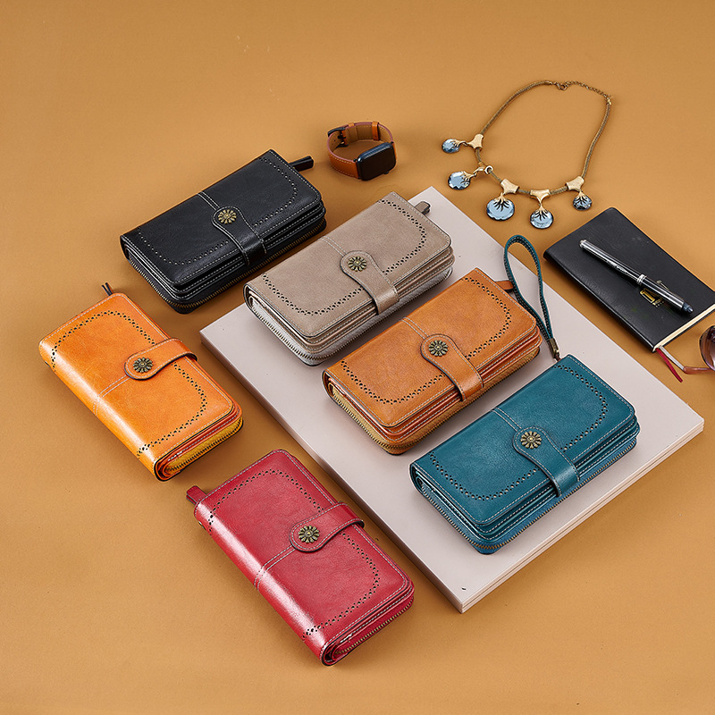 跨境复古热销新款女士手拿零钱包拉链扭扣防磁长款钱夹欧美大容量