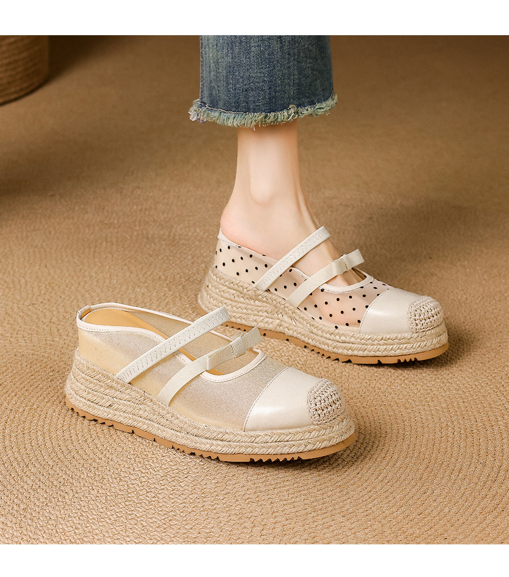 Mule nữ mũi nhọn bít đế xuồng cao gót 5 cm phong cách boho — màu trắng ngà, Chấm bi trắng kem chi tiết 12
