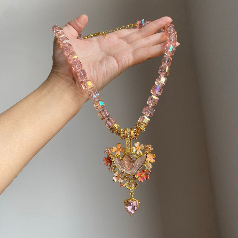 Retro Vintage Colorful Mooneye Moon and Star Beaded Necklace with a Design Sense, Angel Wings Necklace for Girls