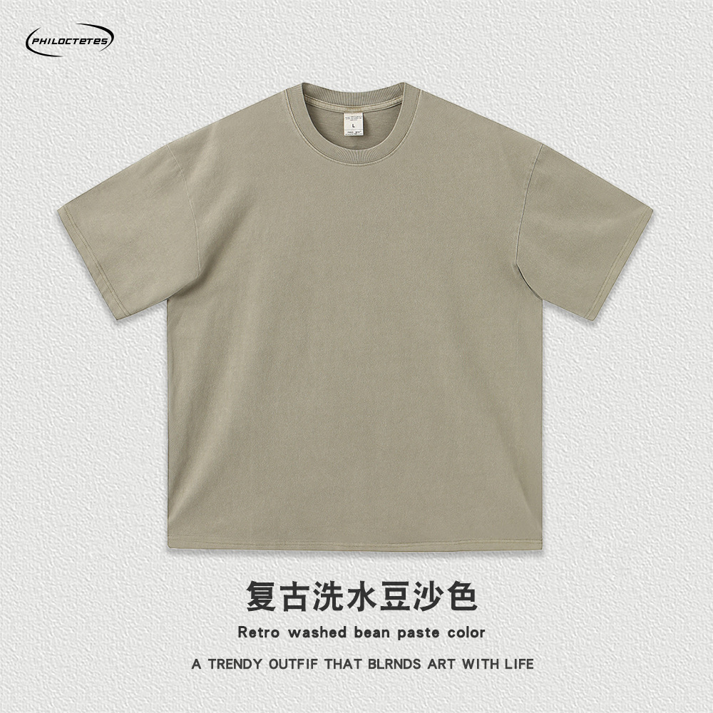 Comercio exterior pesado 260g flor frita apenado color sólido de manga corta Camiseta hombres y mujeres sueltos lavados camiseta de marca de moda estadounidense transfronteriza