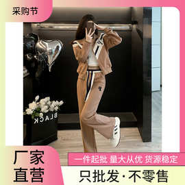 2023欧货套装女秋季新款驼色翻领宽松开衫长袖卫衣两件套女装