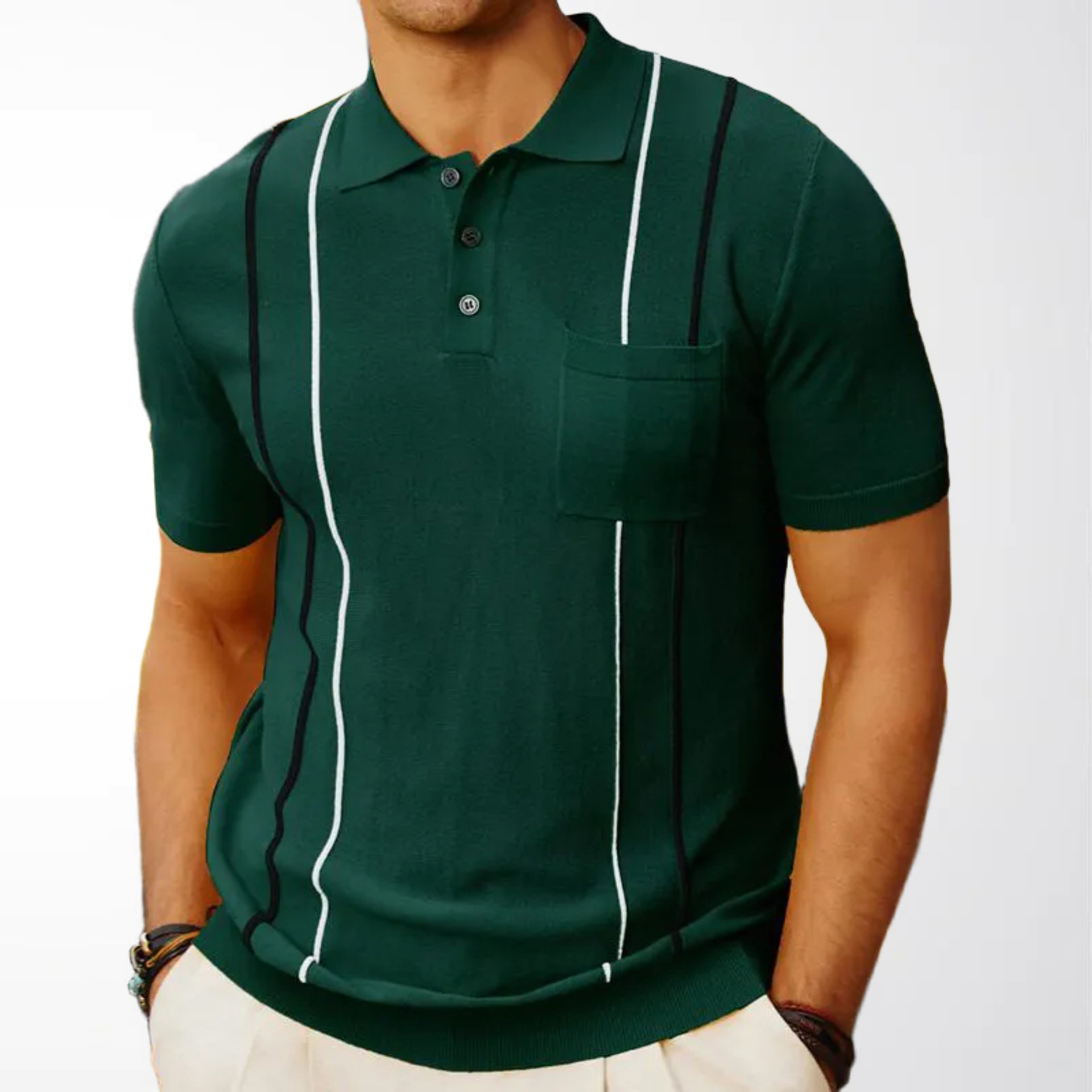 Men's Commuter Knit Polo Shirt with Color-Block Stripes and Patch Pockets, Pullover Knitwear, Trendy Men's Fashion, In-Stock Source Sy0183