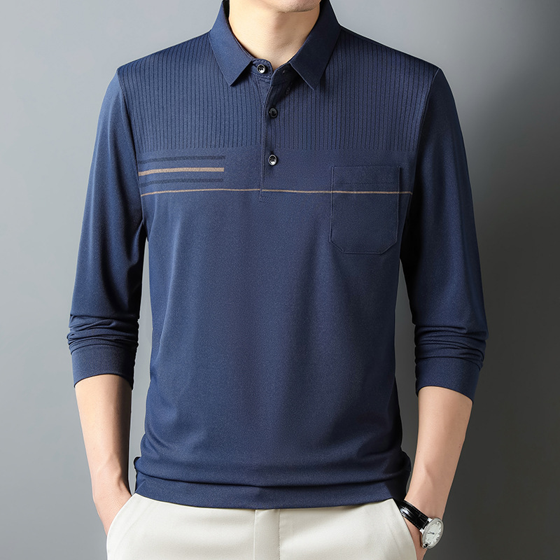 Otoño camisa de fondo superior delgada de manga larga para hombres jóvenes y de mediana edad solapa bolsillo real camiseta casual papá hombres