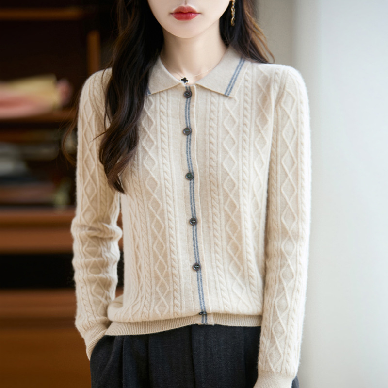 新款秋冬100羊毛女Polo衫时尚翻领开衫毛衣减龄针织衫短款一件代|undefined