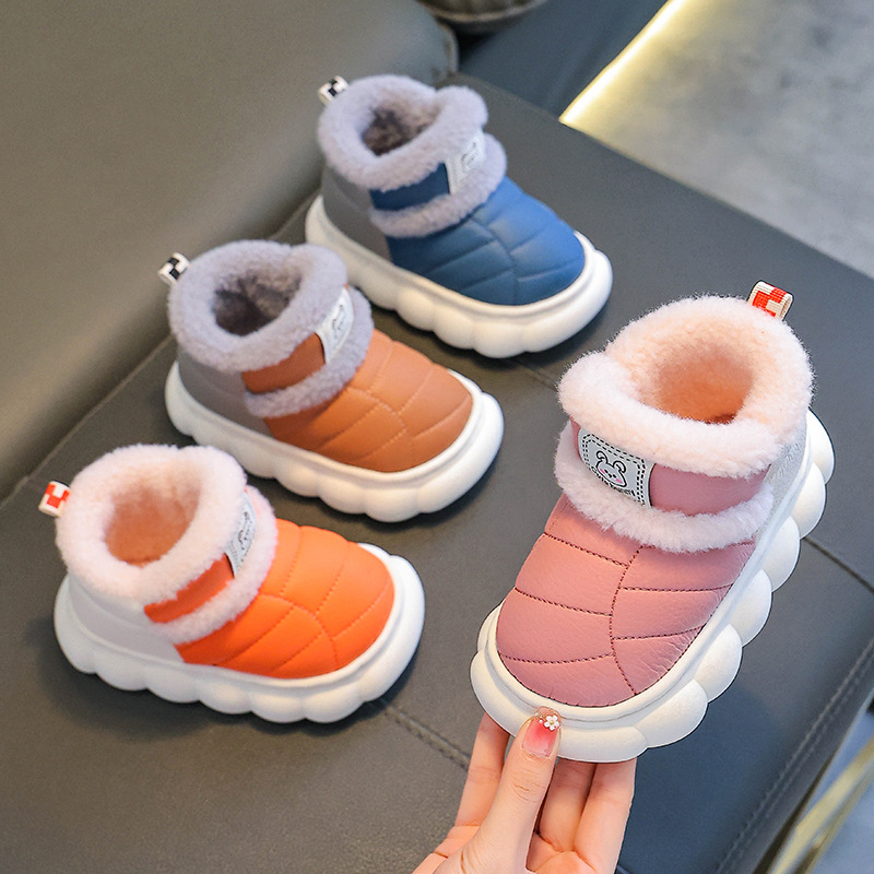 Zapatillas de algodón para niños, niños y niñas, invierno, piel PU impermeable, fondo grueso, padres y niños, niños, niños, bolsas de tacones de algodón