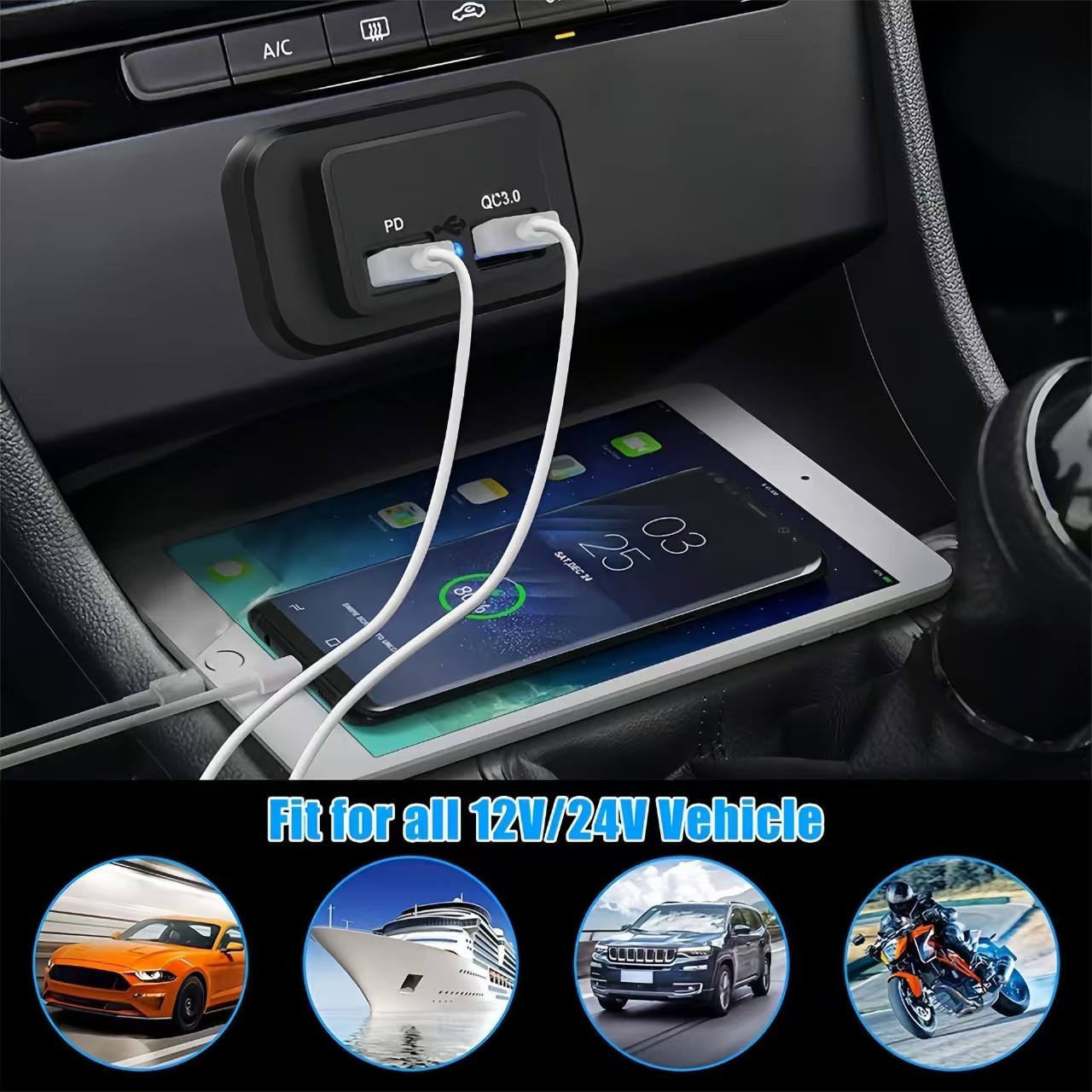 12V modified type-c charging port for super-fast charging of batteries in buses and RVs, with additional mobile phone USB charger