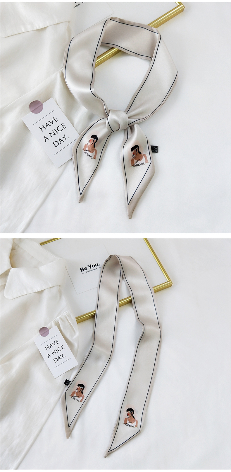 30g Weight Silk Scarf Classification Travel Occasion Unisex Gender Sweet Style Khaki, Grey, Pink, Purple, Red, Green, Blue, Black Color Fashion Streamer Printing Bow Silk Scarf Wholesale 18